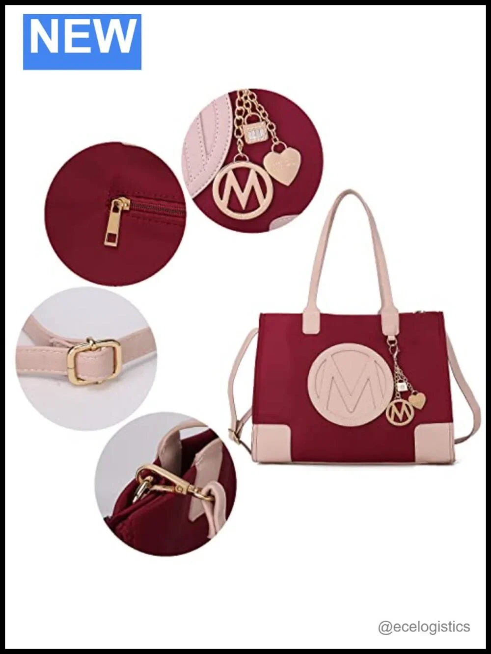 Satchel Tote Handbag & Wristlet Set - Vegan Leather with Crossbody Strap